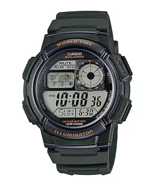 CASIO SPORT Mod. DIVER - WORLD TIME ILLUMINATOR 5 ALARMS. 10 YEARS BATTERY - ARMY GREEN